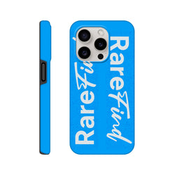 Blue tough iPhone case featuring white "Rare Find" slogan print in bold block and script fonts for streetwear style.