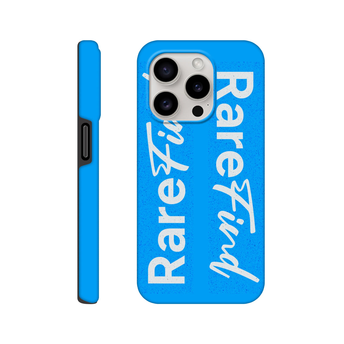 Blue tough iPhone case featuring white "Rare Find" slogan print in bold block and script fonts for streetwear style.
