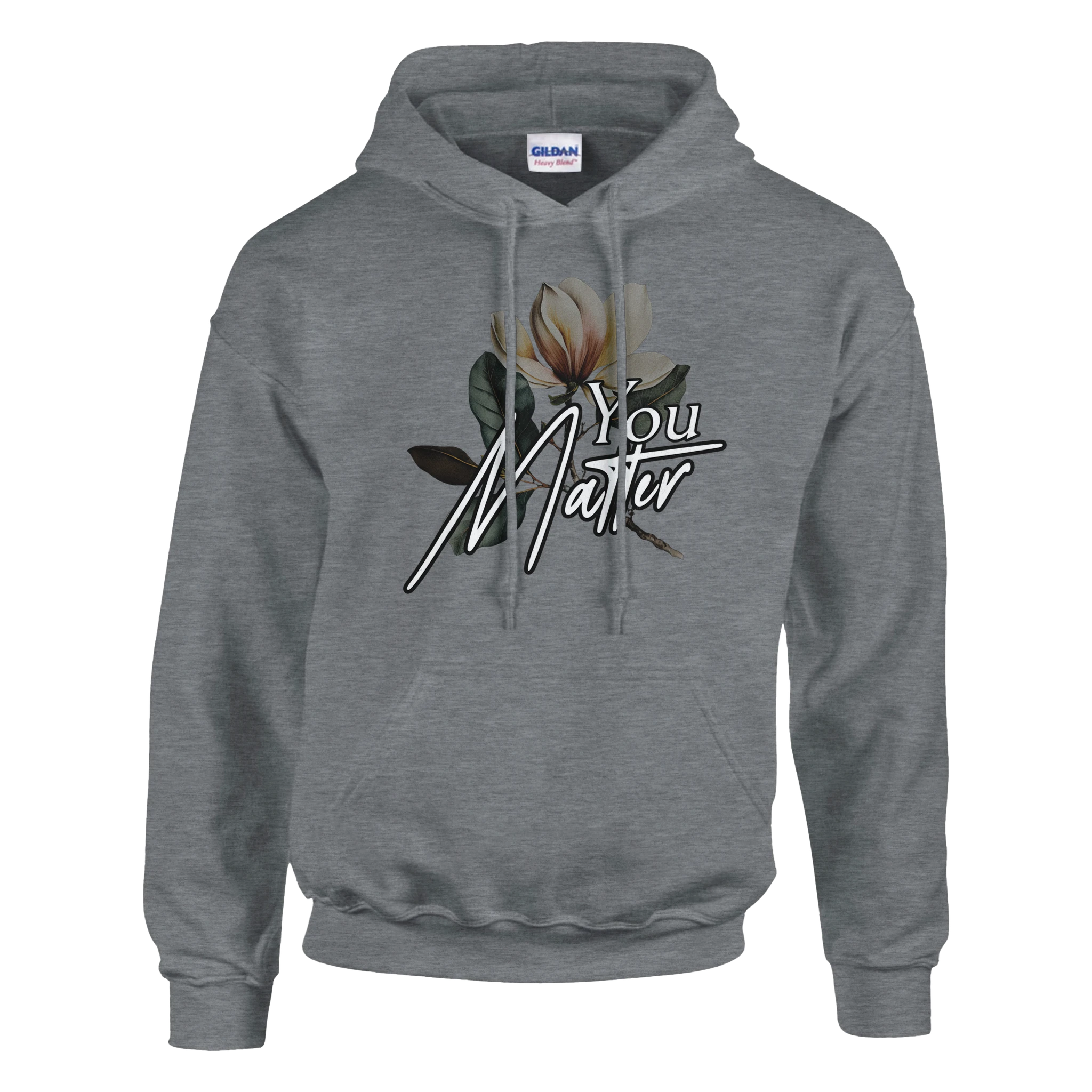 Gray women's hoodie with You Matter slogan and magnolia illustration, front pouch pocket, drawstring hood.
