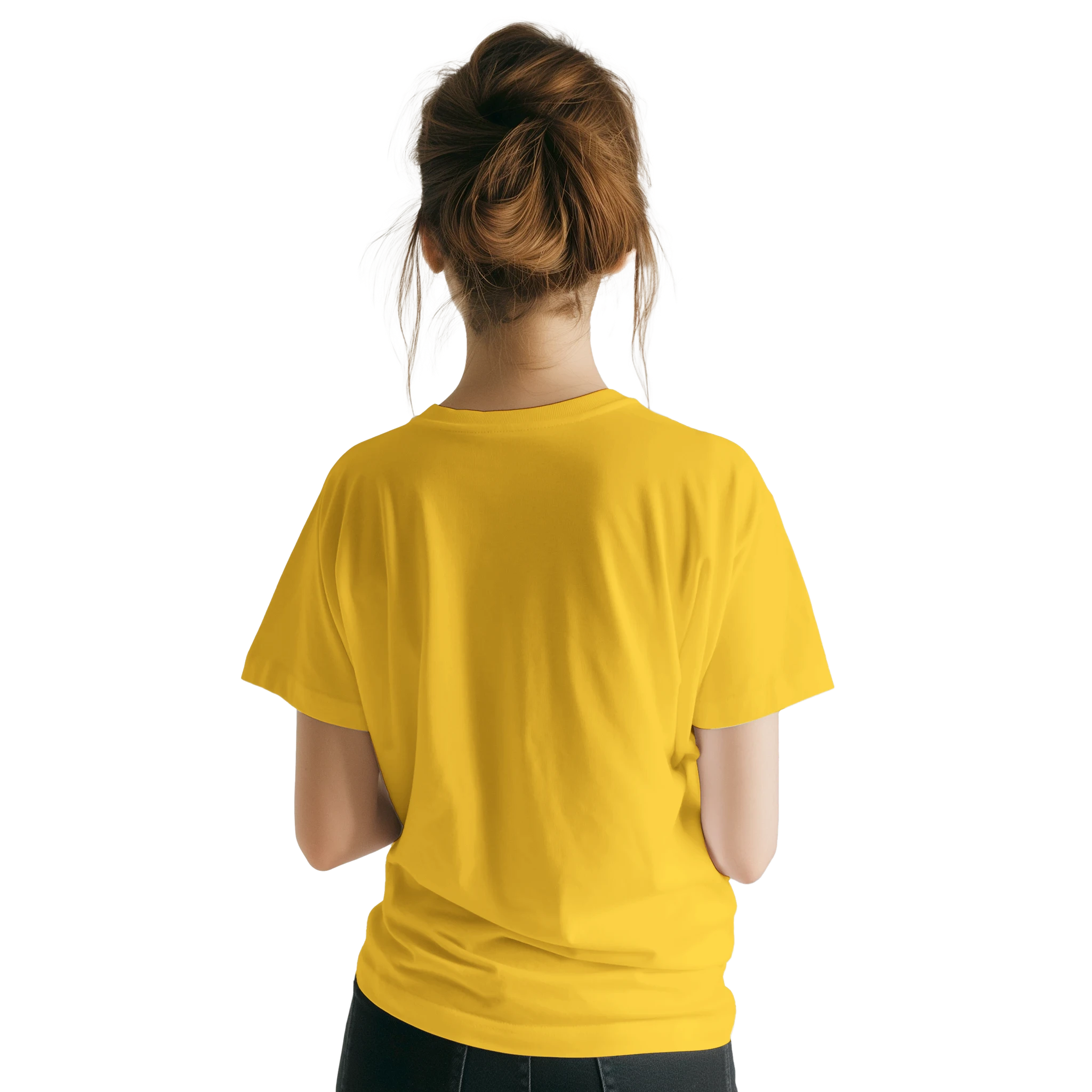 Rear view of a woman wearing a yellow Cute Positive Vibes T-Shirt, retro slogan top for women.