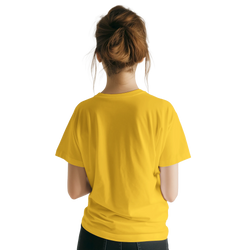 Rear view of a woman wearing a yellow Cute Positive Vibes T-Shirt, retro slogan top for women.