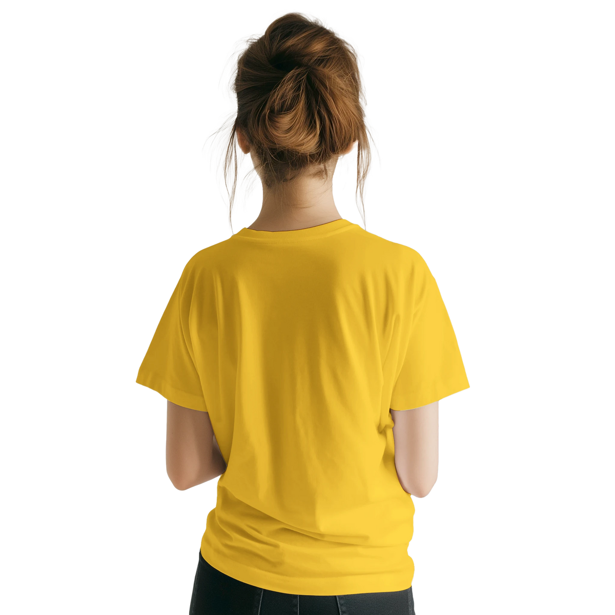Rear view of a woman wearing a yellow Cute Positive Vibes T-Shirt, retro slogan top for women.