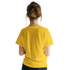 Rear view of a woman wearing a yellow Cute Positive Vibes T-Shirt, retro slogan top for women.