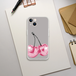 Y2K Glitter Cherries iPhone Case for iPhone 13–16 with pink checkered cherry design on gray