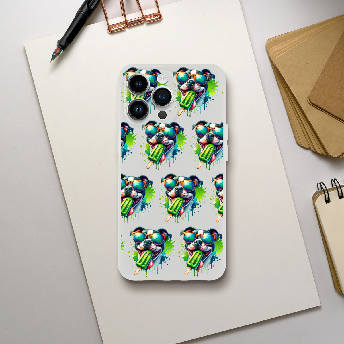 Transparent Chill Dog phone case with repeating sunglasses-wearing dog graphic and popsicle for iPhone 13-16.