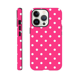 Hot pink and white polka dot tough iPhone case with dual-layer shock-absorbing protection for models 13-16.