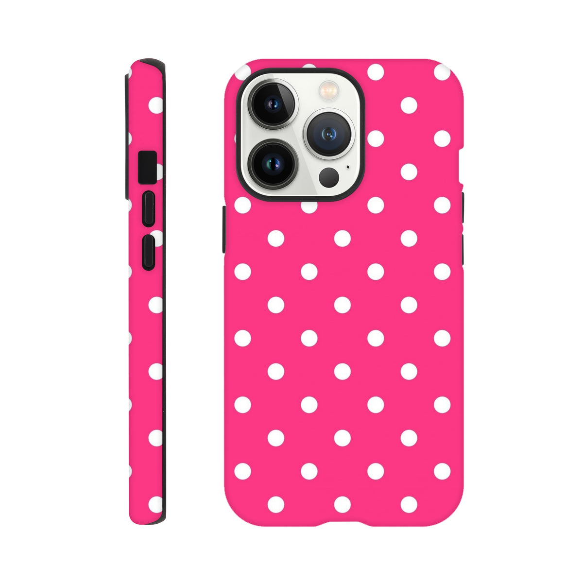 Hot pink and white polka dot tough iPhone case with dual-layer shock-absorbing protection for models 13-16.