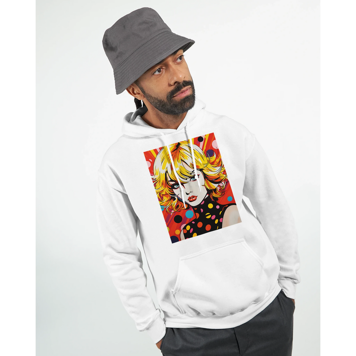 White pullover hoodie featuring a bold retro blonde pop art woman graphic with vibrant colors and polka dots.