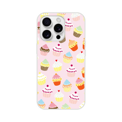Pastel pink cupcake-print iPhone case (13–16) with a slim matte finish.