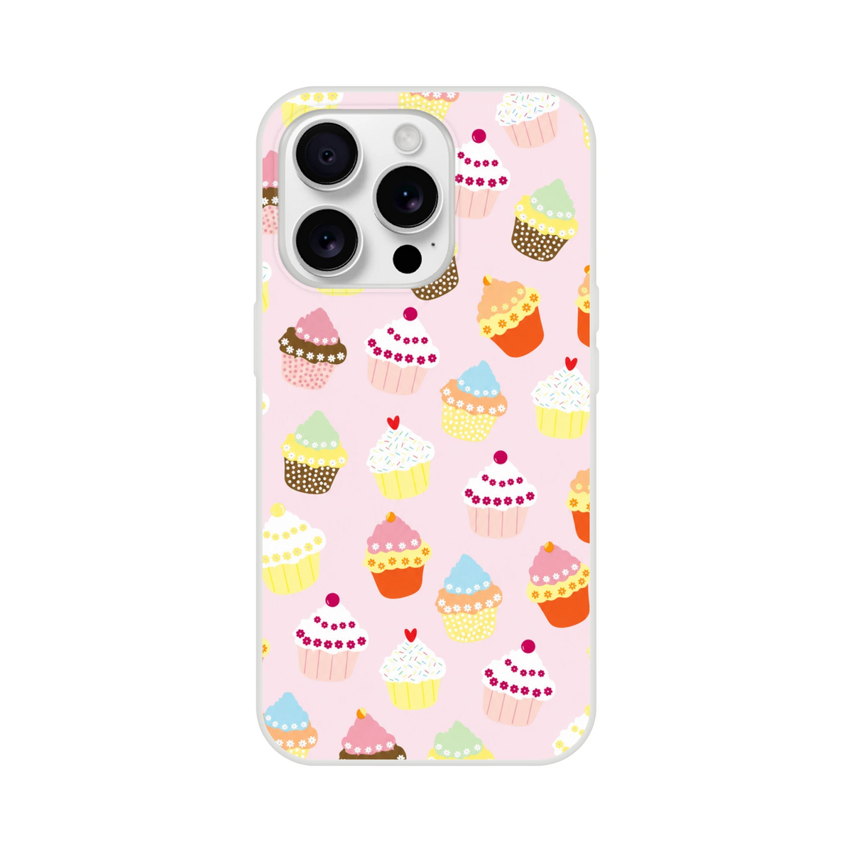 Pastel pink cupcake-print iPhone case (13–16) with a slim matte finish.