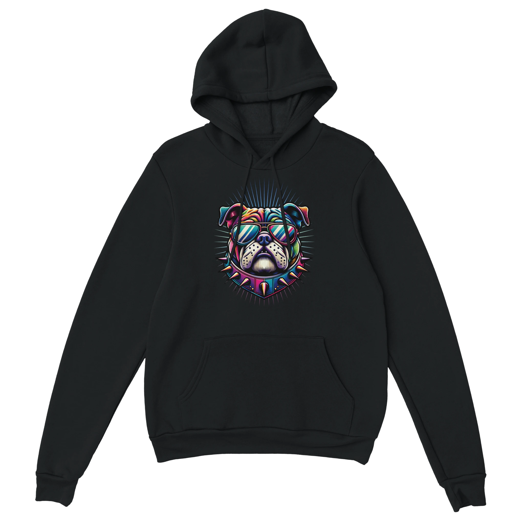 Black hoodie with a vibrant British Bulldog graphic wearing sunglasses and a spiked collar
