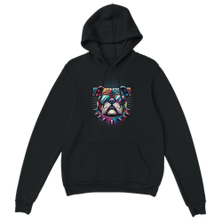Black hoodie with a vibrant British Bulldog graphic wearing sunglasses and a spiked collar