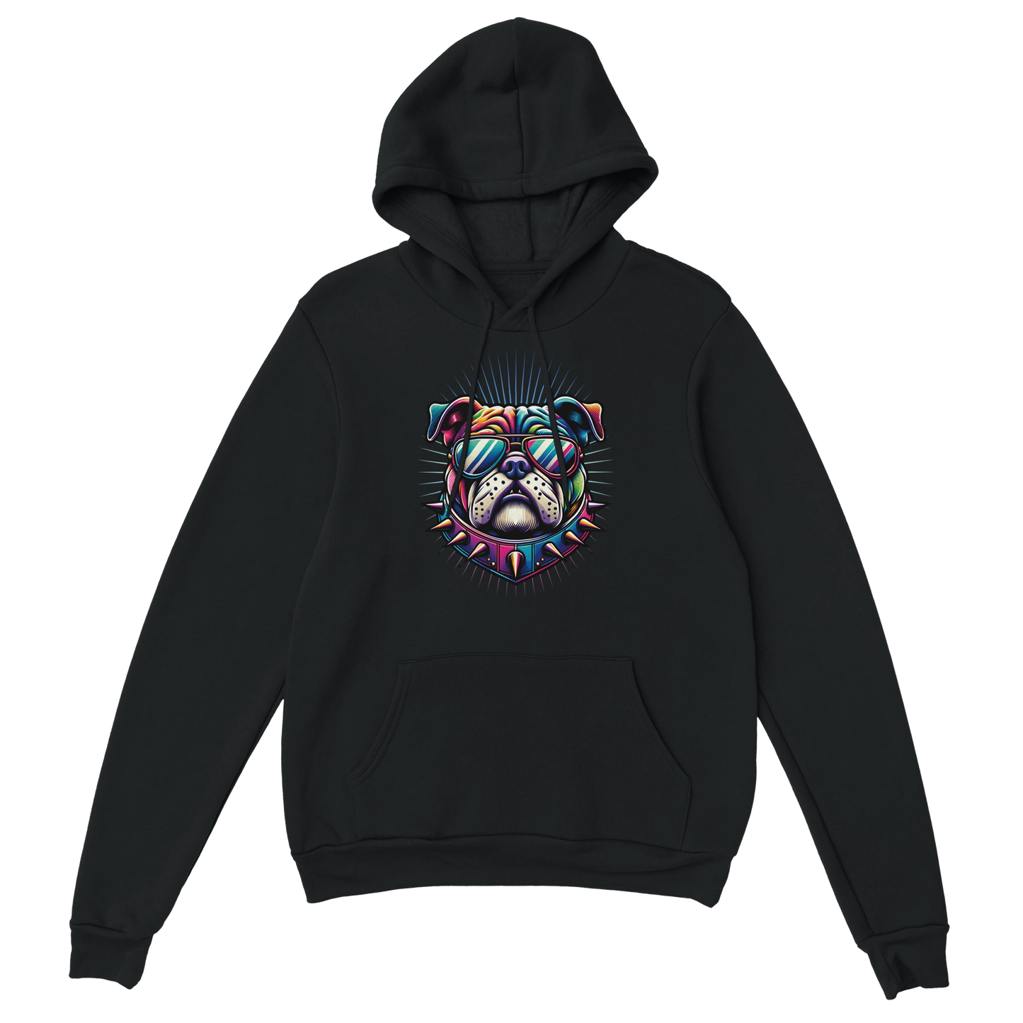 Black hoodie with a vibrant British Bulldog graphic wearing sunglasses and a spiked collar