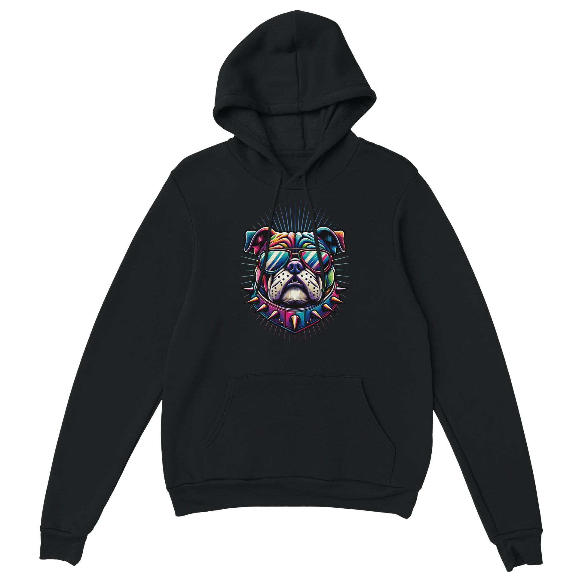 Black hoodie with a vibrant British Bulldog graphic wearing sunglasses and a spiked collar