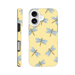 Yellow dragonfly tough iPhone case featuring a cute blue insect pattern on a pale yellow background for drop protection.