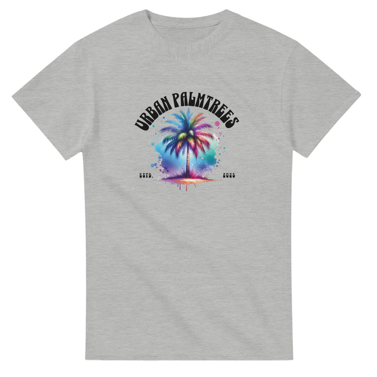 Urban Palm Trees T-shirt for men with a colorful palm tree graphic and retro streetwear summer vibe.