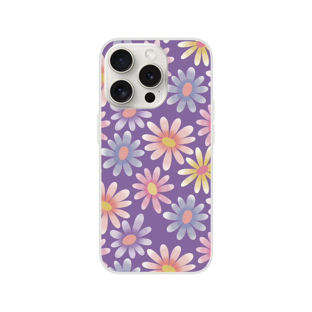 Retro pastel daisy iPhone case for 13-16 with purple background and pastel floral design.
