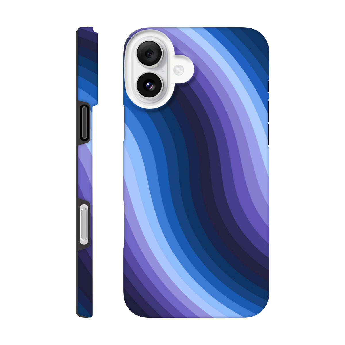 Blue retro wave iPhone case with Y2K wavy stripes, tough guard rails, and wireless charging compatibility for models 13-16.