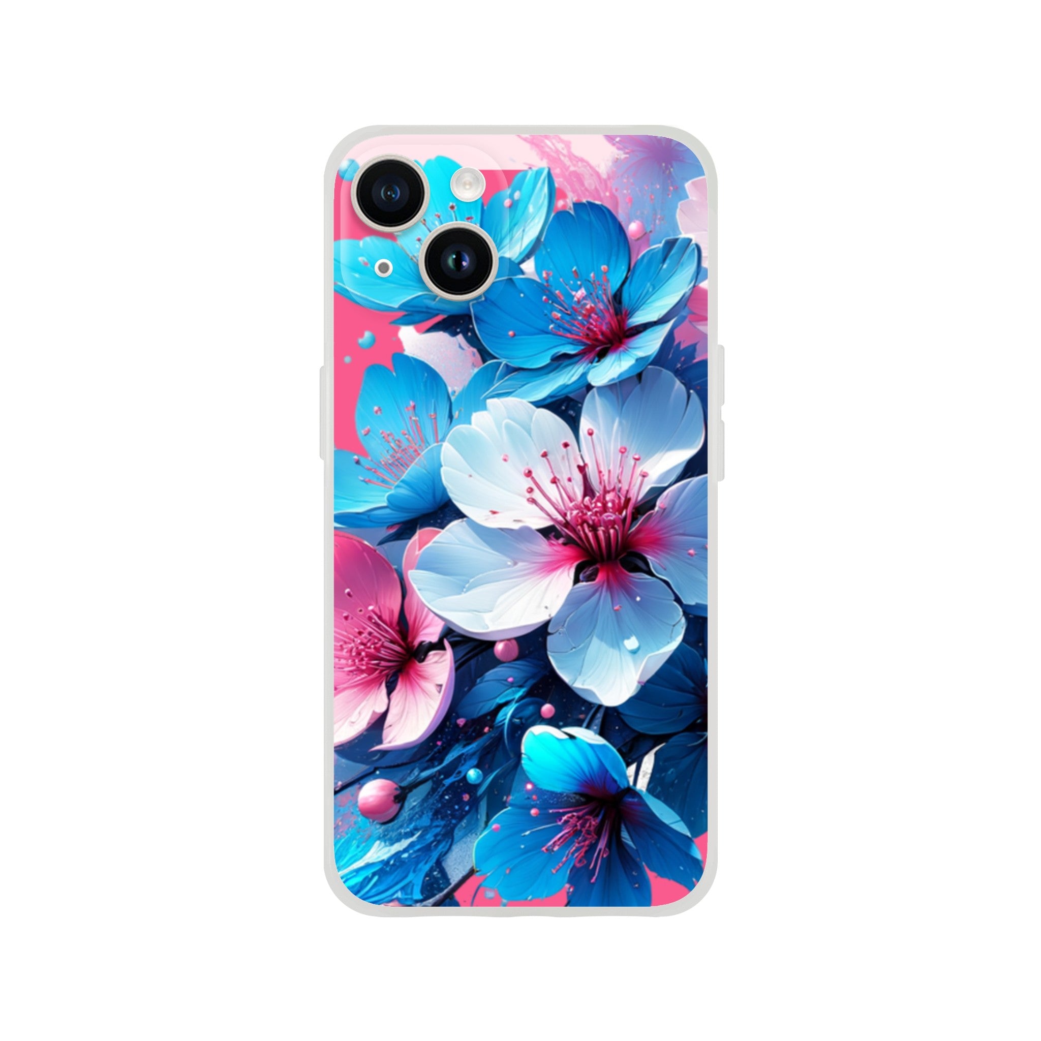 Blossom Floral iPhone case with pastel blue and pink flowers, slim TPU protective cover for iPhone 16–13.