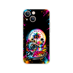 Colorful iPhone case featuring a turbocharger, "Urban Palm Trees" sunset graphic, and "On Boost" text with paint splatters.