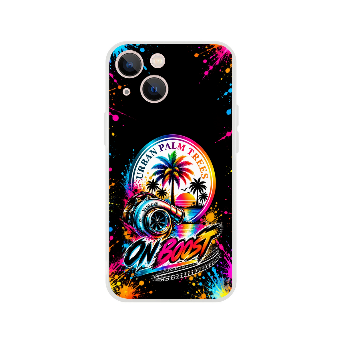 Colorful iPhone case featuring a turbocharger, "Urban Palm Trees" sunset graphic, and "On Boost" text with paint splatters.