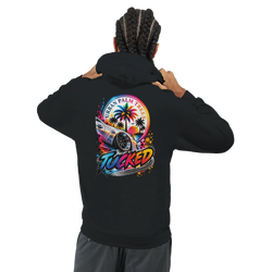 Black hoodie featuring a colorful "Tucked" modified car graphic with palm trees for men's streetwear.