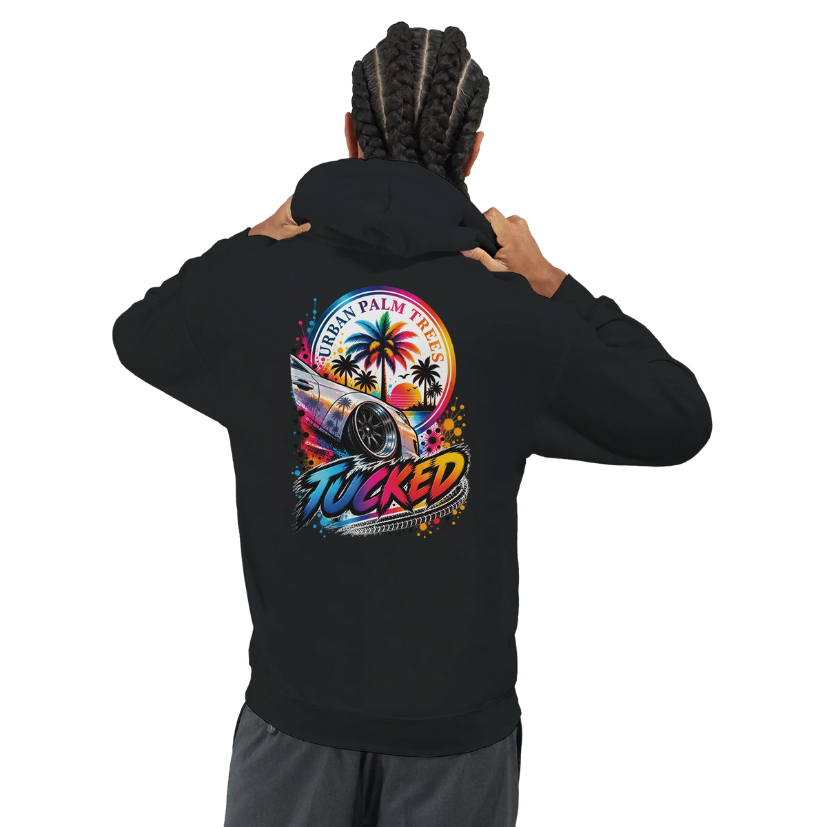 Black hoodie featuring a colorful "Tucked" modified car graphic with palm trees for men's streetwear.