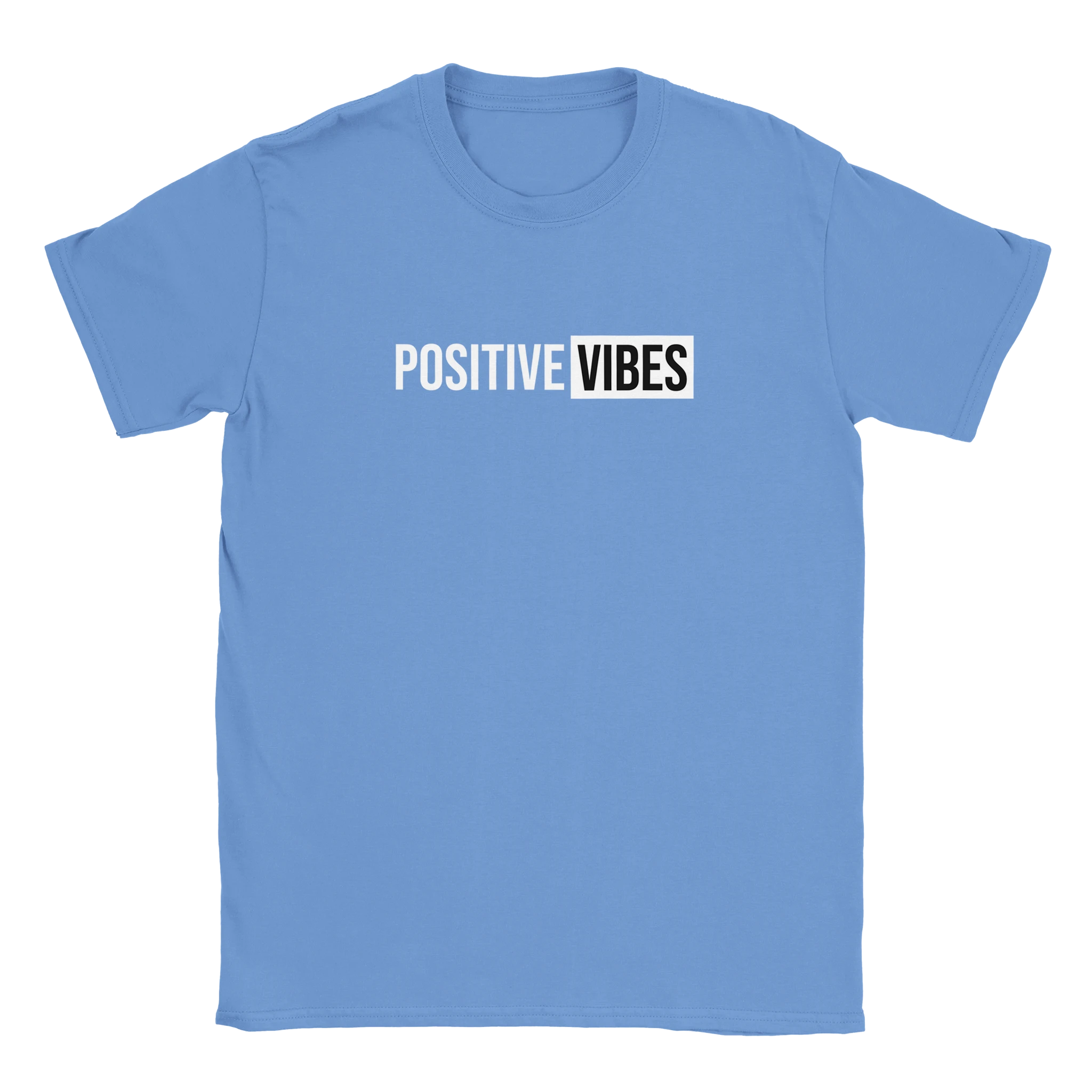 Blue women's T-shirt with POSITIVE VIBES retro slogan in white on a black block.
