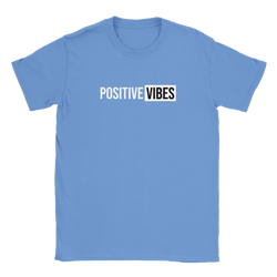 Blue women's T-shirt with POSITIVE VIBES retro slogan in white on a black block.