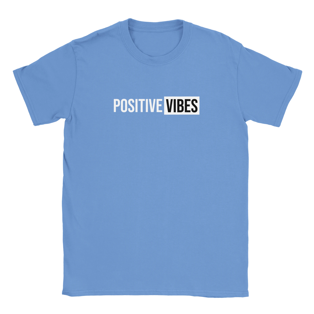 Blue women's T-shirt with POSITIVE VIBES retro slogan in white on a black block.
