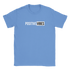 Blue women's T-shirt with POSITIVE VIBES retro slogan in white on a black block.