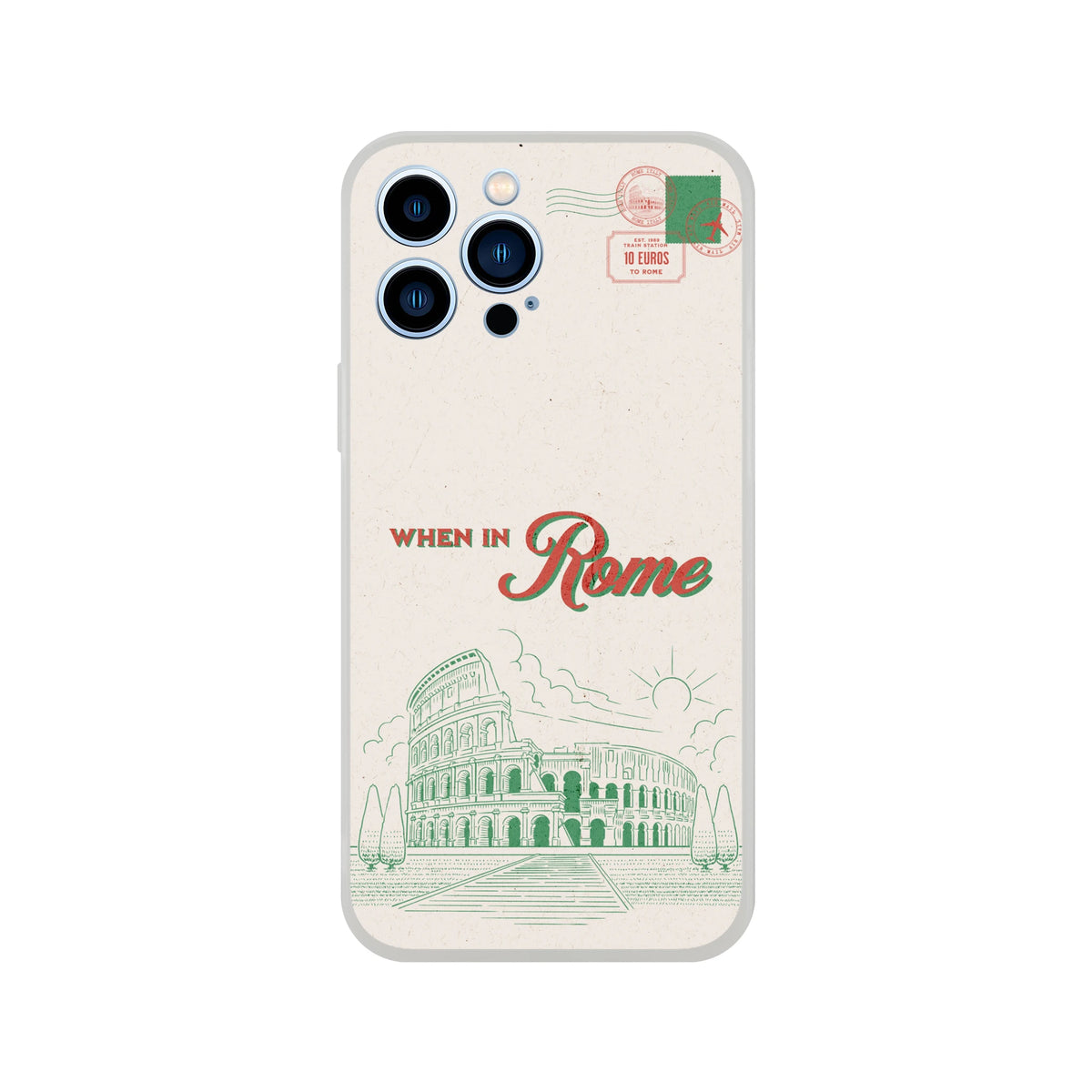 Vintage Postcard iPhone Case (13-16) Rome Holiday Phone Cover with retro postage stamps and Colosseum illustration.