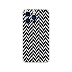 Black and white herringbone iPhone case with geometric chevron pattern, shock-absorbing TPU cover for models 13-16.