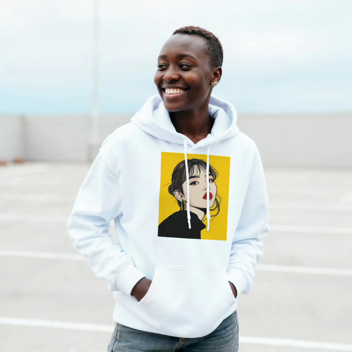 White pullover hoodie featuring retro brunette pop art graphic on yellow background, vintage streetwear style.
