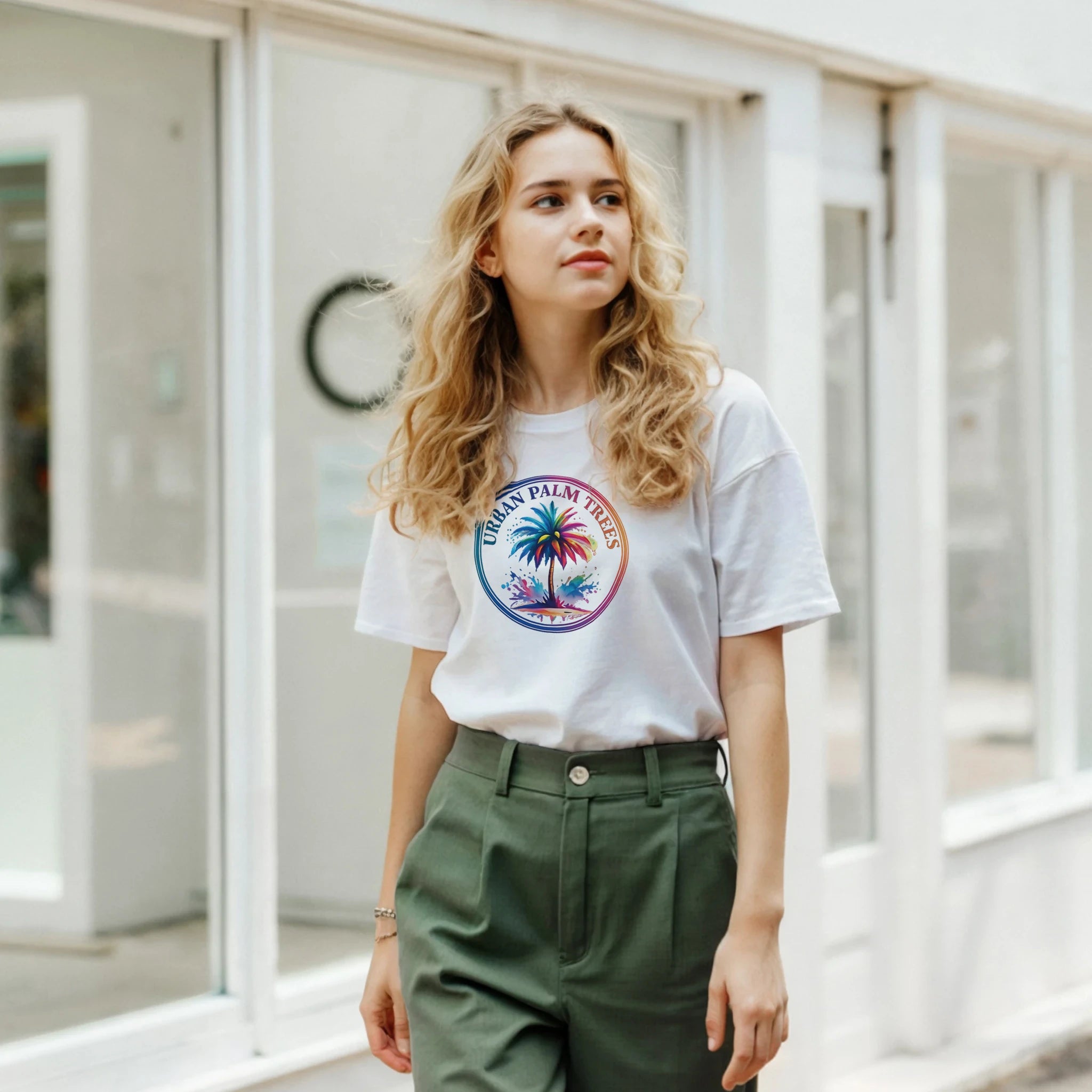 Woman wearing a white Y2K-inspired retro palm tree T-shirt with a colorful circular palm tree graphic.