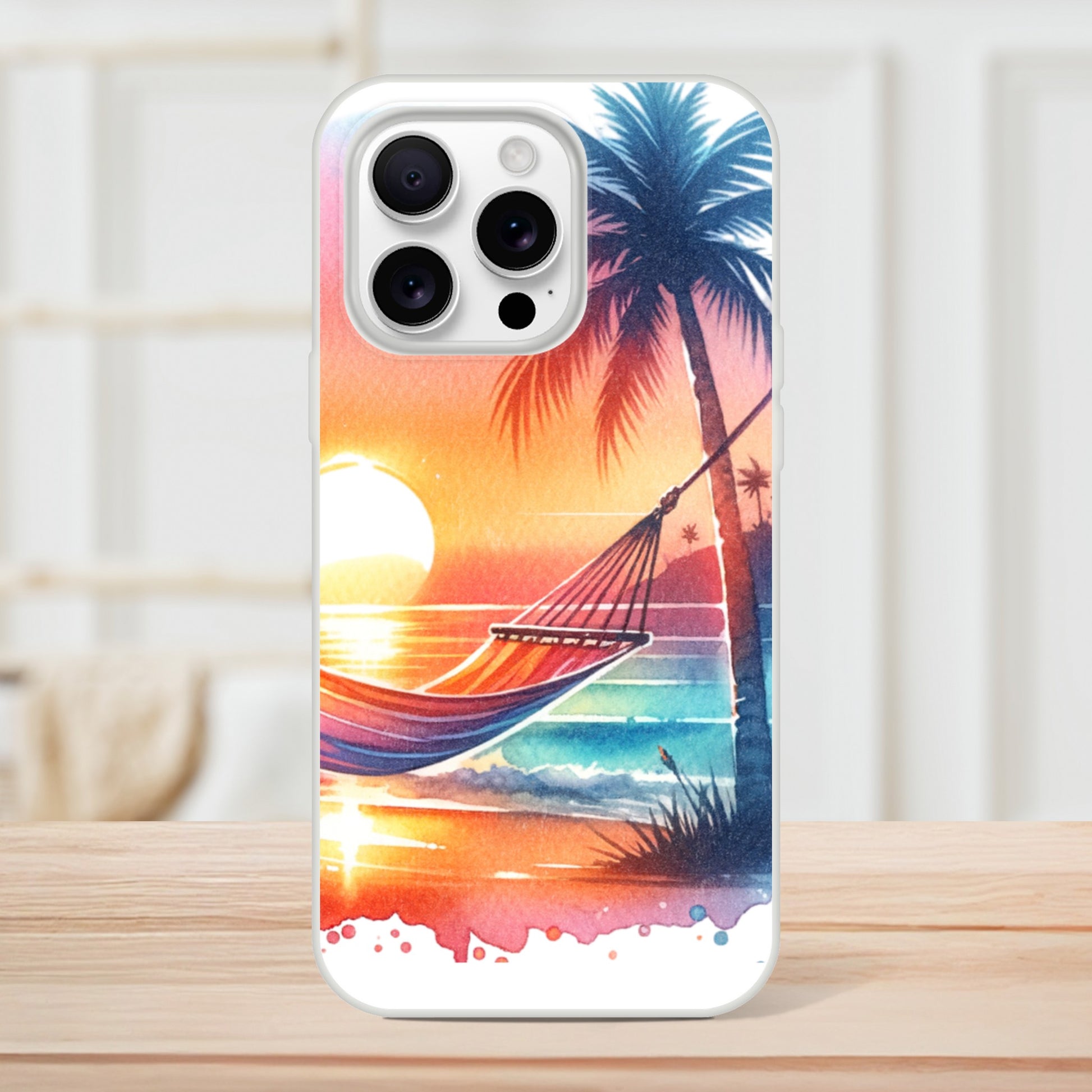 iPhone case with a tropical design featuring a 
hammock, palm trees, and sunset on a wooden
surface. 20