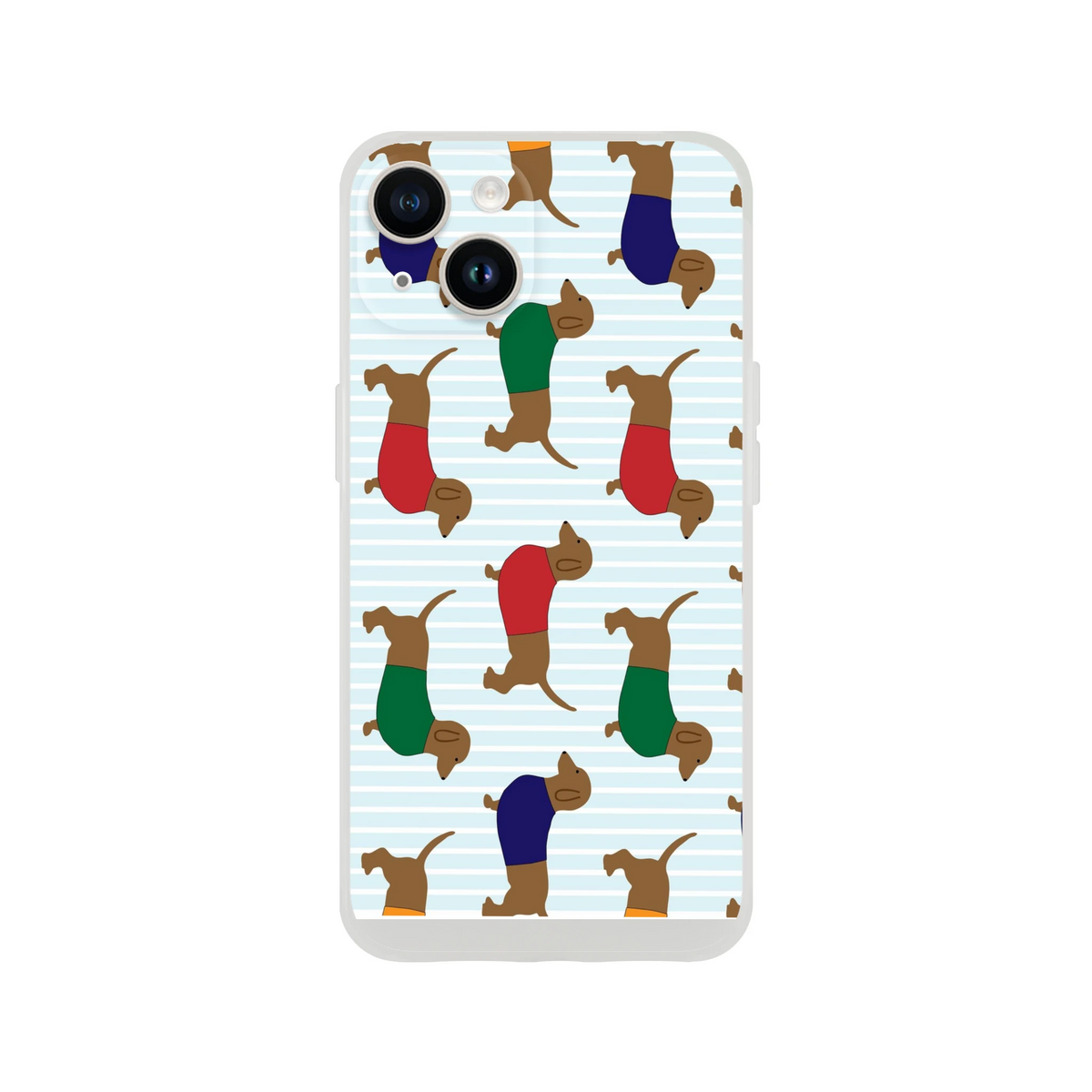 Slim matte iPhone case for 13-16 with dachshund pattern on light blue stripes.