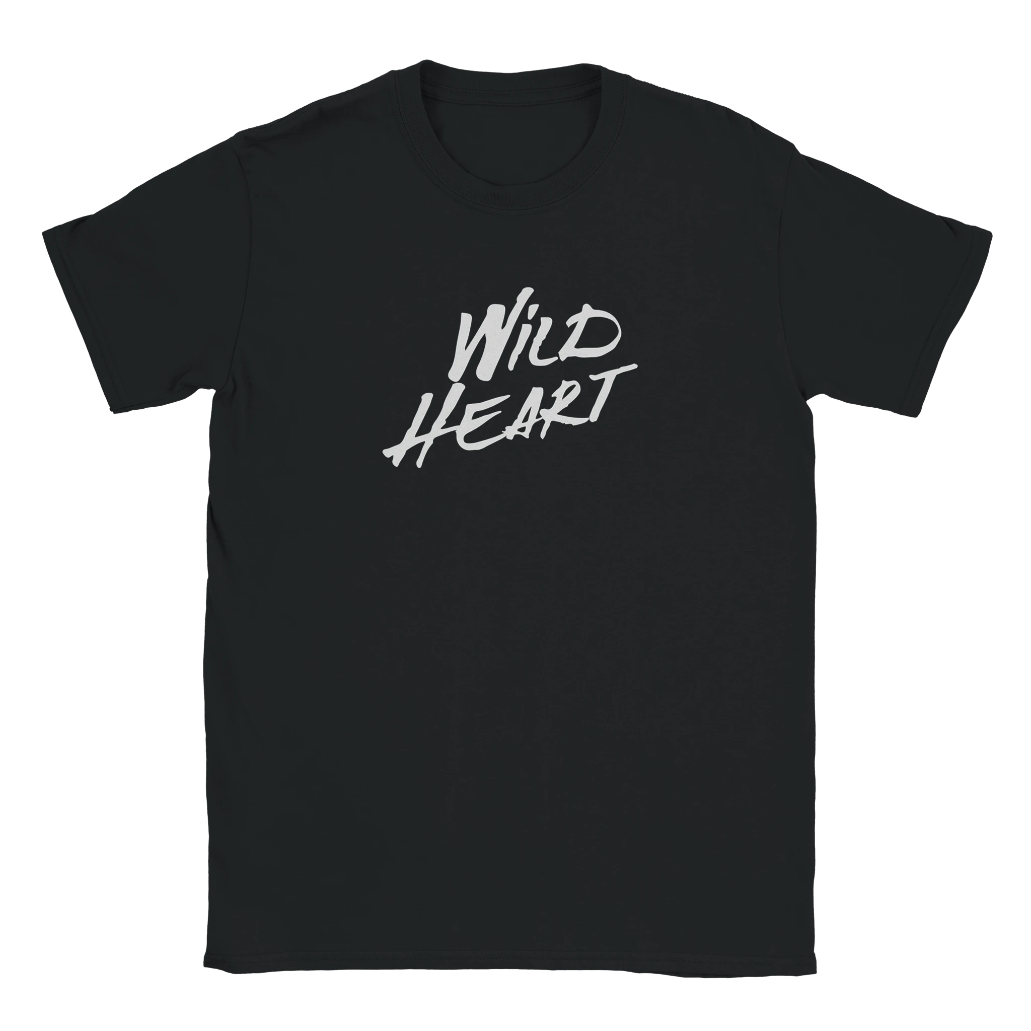 Black women's T-shirt with a white handwritten 'Wild Heart' slogan.