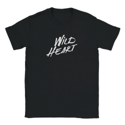 Black women's T-shirt with a white handwritten 'Wild Heart' slogan.