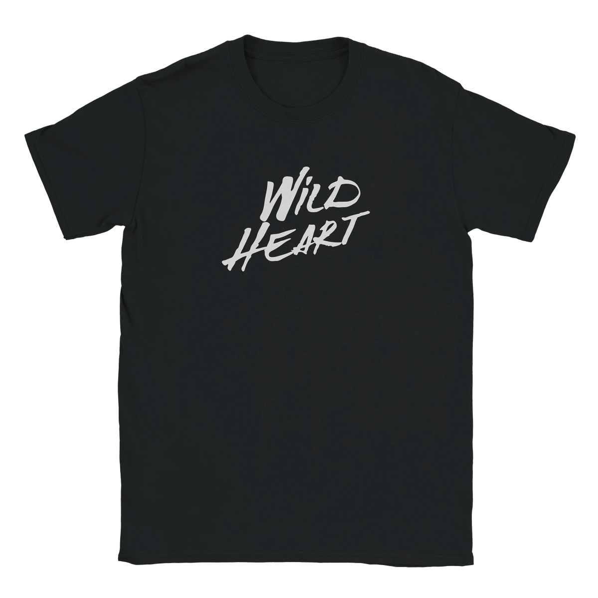 Black women's T-shirt with a white handwritten 'Wild Heart' slogan.