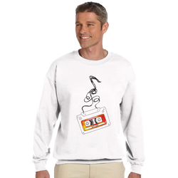 White men's sweatshirt featuring a retro cassette tape graphic with unraveled tape loops and 90s Hits text.