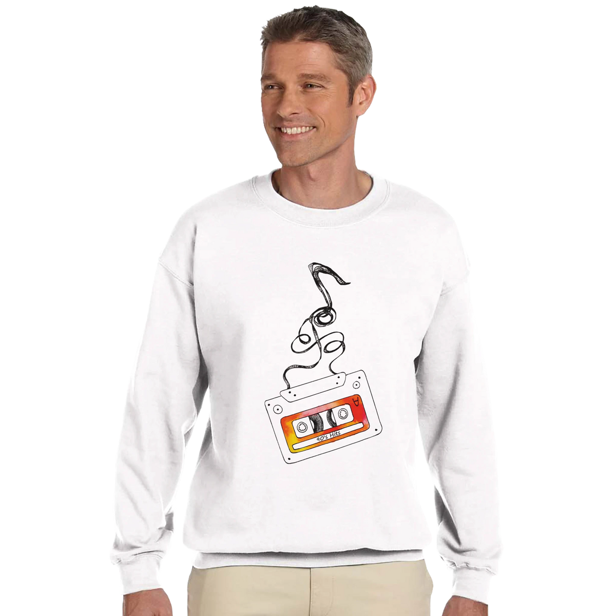 White men's sweatshirt featuring a retro cassette tape graphic with unraveled tape loops and 90s Hits text.