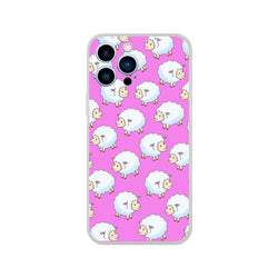 Pink iPhone case featuring cute fluffy sheep in a kawaii farm pattern with clouds