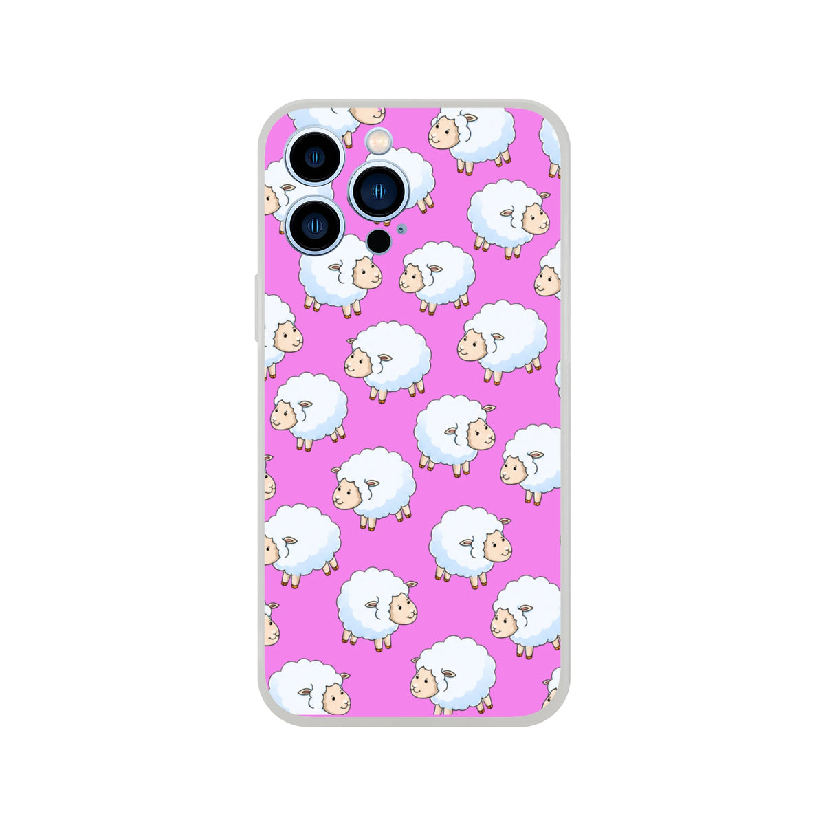 Pink iPhone case featuring cute fluffy sheep in a kawaii farm pattern with clouds