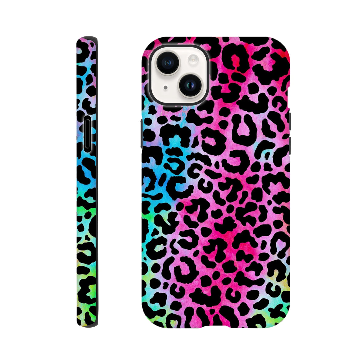 Vibrant rainbow leopard print tough iPhone case offering drop protection and bold animal print street style for iPhone 13-16.