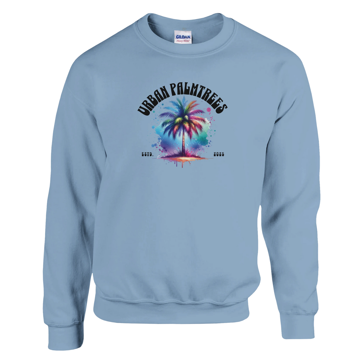 Urban Palm Trees Sweatshirt for Men featuring a colorful palm tree graphic and retro streetwear vibe.