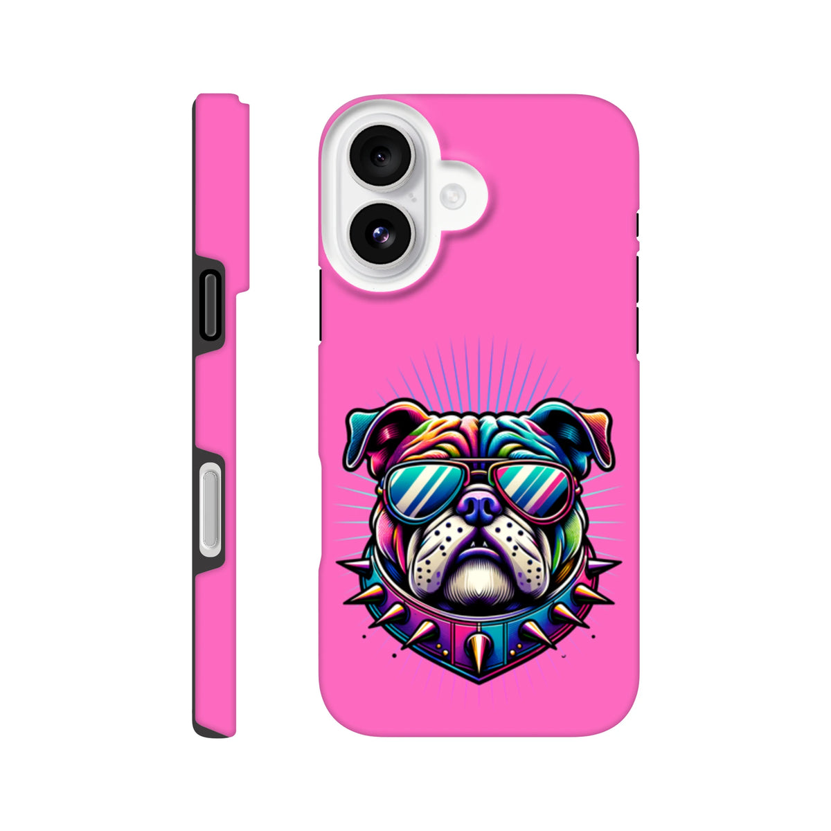 Pink Bulldog tough iPhone case with bold retro dog print and shock-absorbing protection for iPhone 13-16.