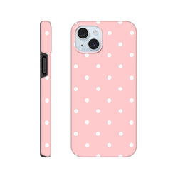  Pastel pink tough iPhone case with white polka dots. Cute dual-layer shock absorbing phone cover for models 13-16.