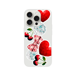 Transparent iPhone case featuring Y2K sticker art with glossy cherries, pink heart bows, and disco balls for a retro club aesthetic.