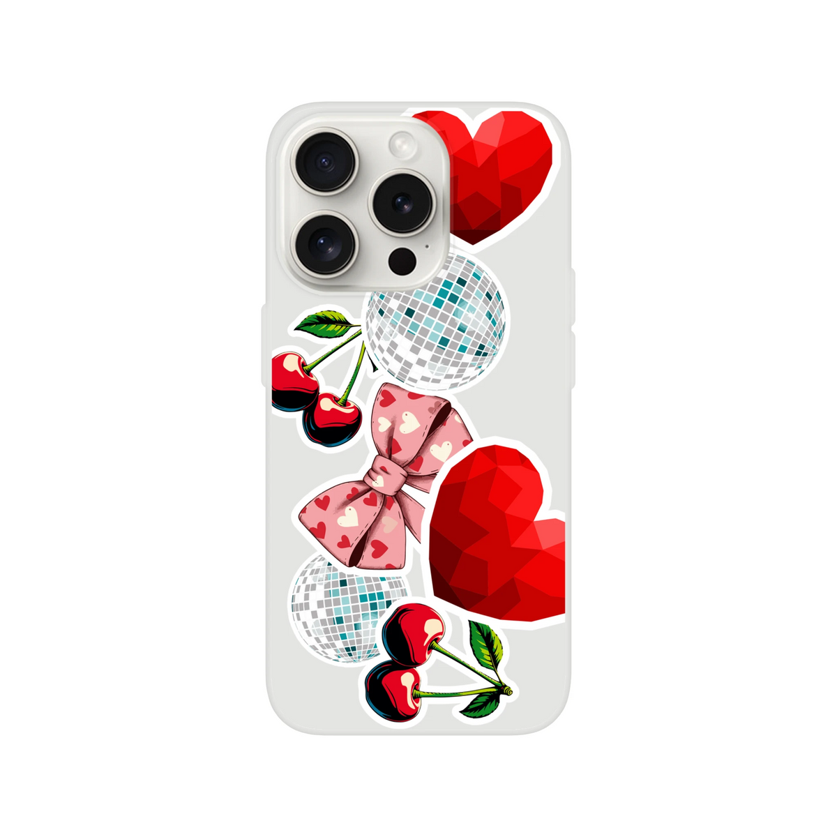 Transparent iPhone case featuring Y2K sticker art with glossy cherries, pink heart bows, and disco balls for a retro club aesthetic.